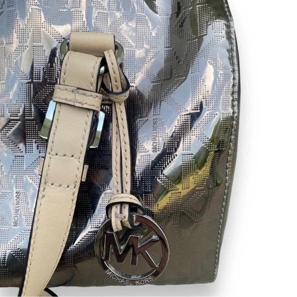 Michael Kors Grayson Nickel Mirror Metallic Logo Satchel Bag - Picture 2 of 12